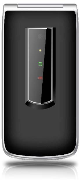 Crni preklopni telefon s indikatorskim svjetlima koja prikazuju status baterije, signala i napajanja.