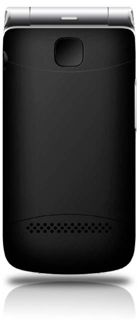 Crni i srebrni preklopni telefon prikazan sa poleđine, sa objektivom kamere i rupama zvučnika na dnu.