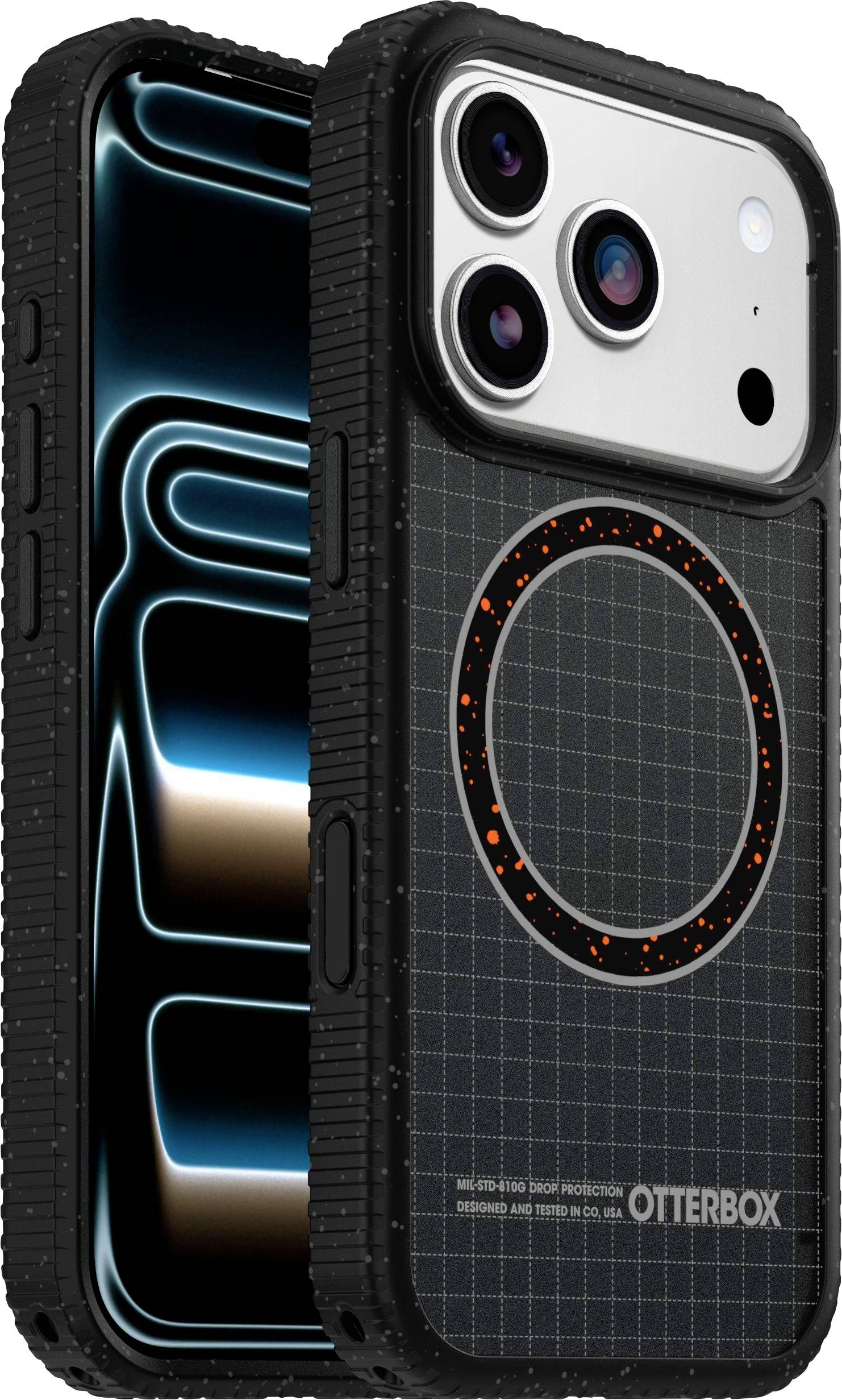 Pametni telefon s izdržljivom crnom OtterBox futralom s mrežnim uzorkom i kružnim MagSafe poravnanjem. Kamera ima tri objektiva.