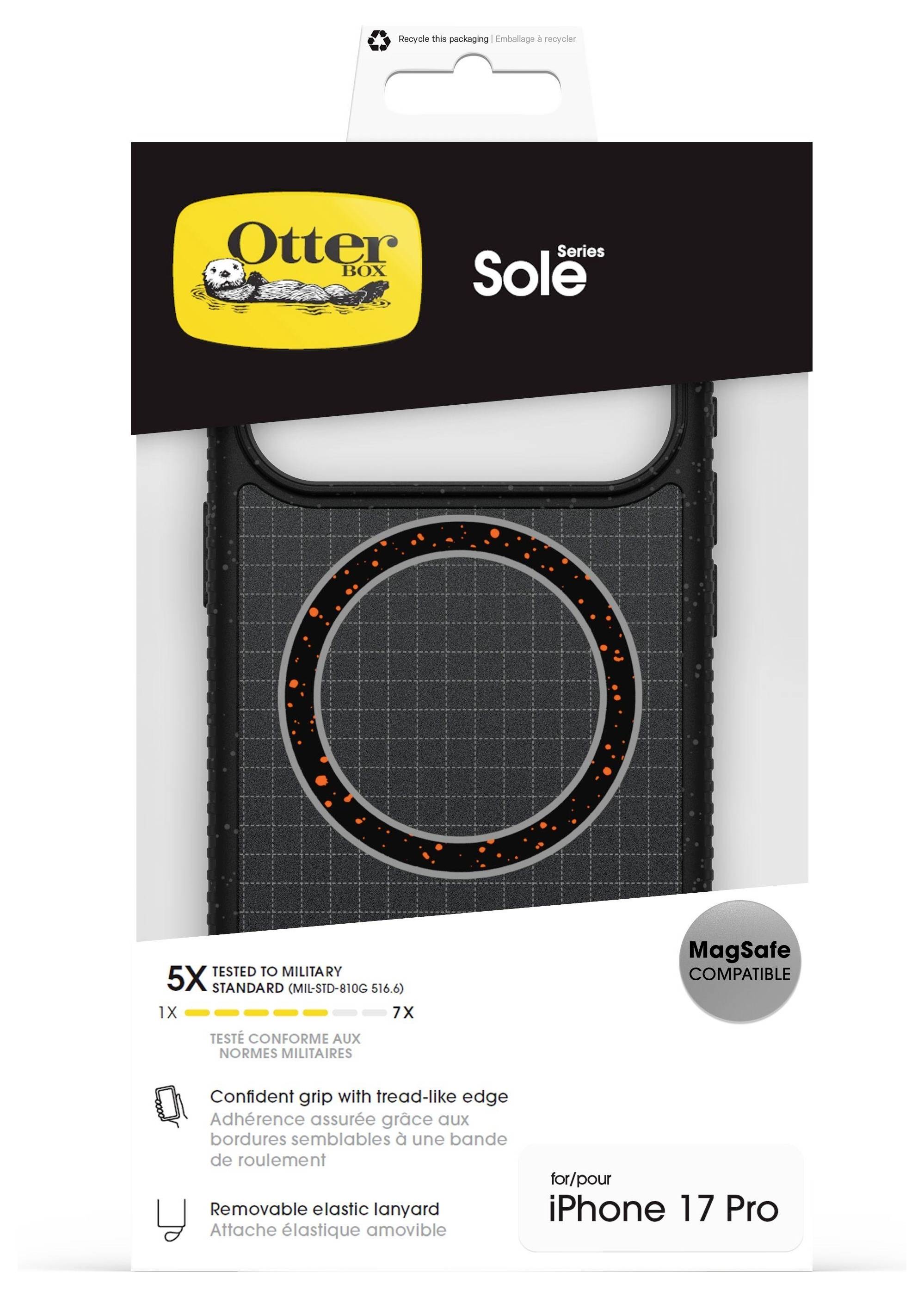 Ambalaža kućišta 'iPhone 17 Pro' tvrtke OtterBox, serija Sole, s zaštitom od pada, kompatibilnošću MagSafe i rubom sličnim teksturi pneumatika za bolji grip.