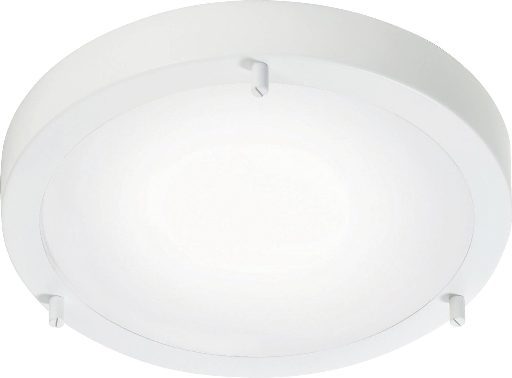 Bijela, okrugla stropna lampa s glatkim dizajnom i malim montažnim kopčama oko ruba.