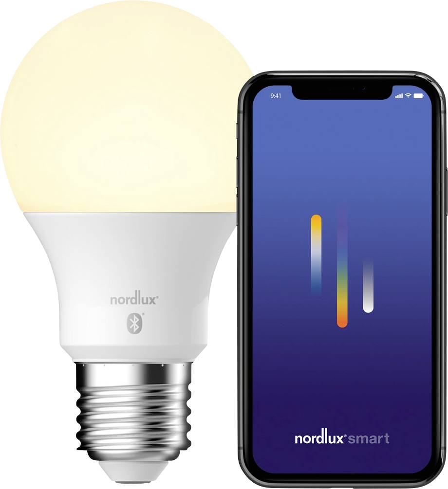 Pametna LED žarulja pored pametnog telefona koji prikazuje sučelje Nordlux pametne aplikacije, što ukazuje na Bluetooth povezanost za upravljanje.