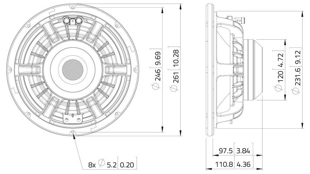 Tehnički crtež zvučnika sa dimenzijama. Prednji pogled promjer je 261mm. Bočni pogled dubina je 120mm. Napomenuto je nekoliko montažnih otvora.
