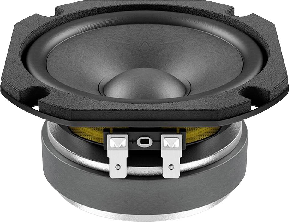 Crna audio zvučnica sa stošcasto oblikovanom membranom i metalnim monažnim okvirom, prikazana iz gornjeg kuta, s vidljivim priključnim terminalima.