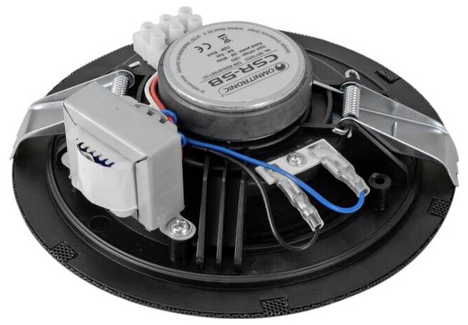 Okrugla ugradna zvučnika u strop s vidljivim kablažom i montažnim stezaljama, prikladna za audio instalacije.