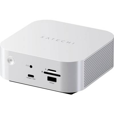 Srebrni Satechi mini stolni računalnik s gumbom za napajanje, prednjim priključcima i stranicom za ventilaciju na bijeloj pozadini