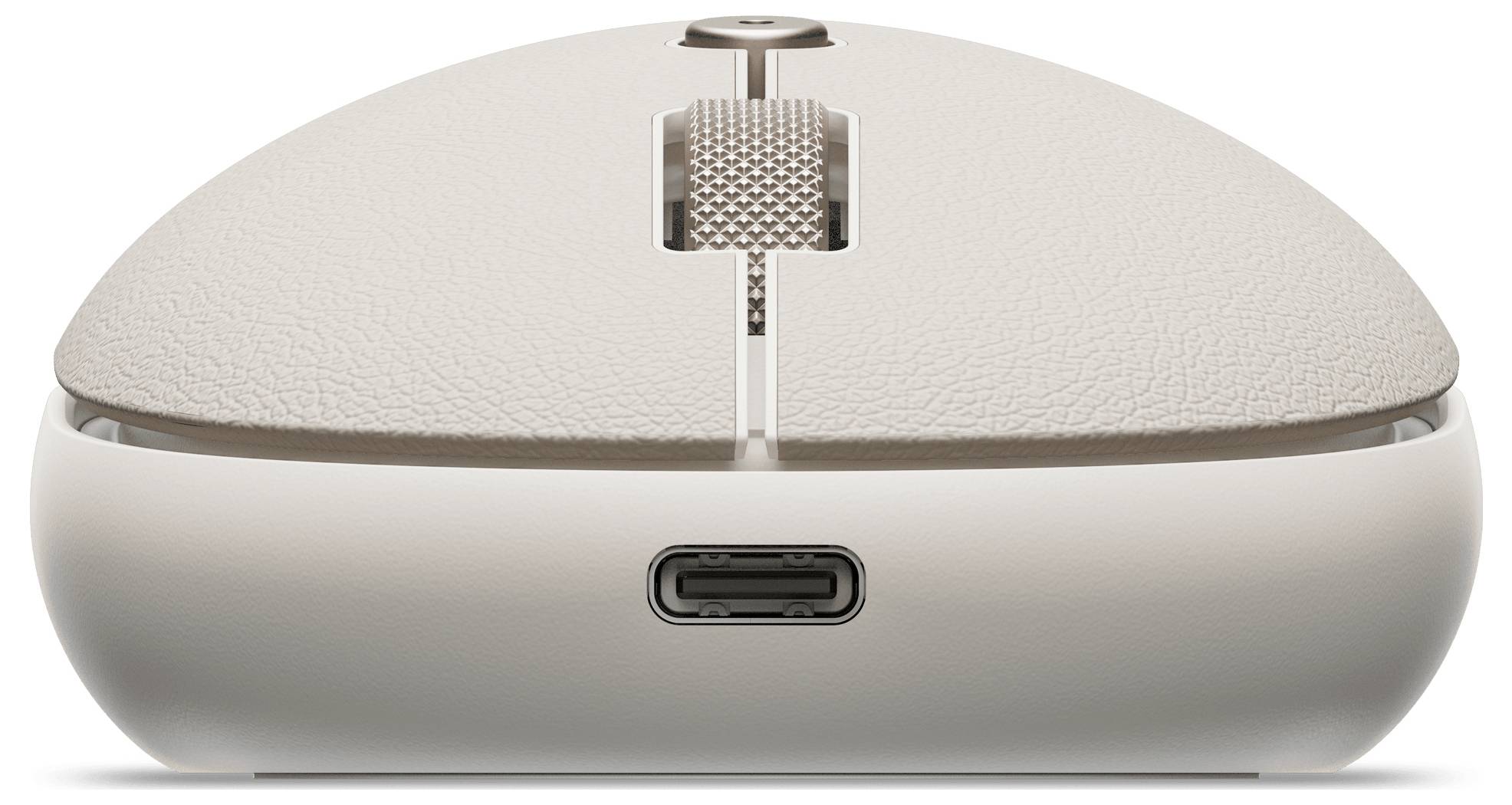 Detaljan prikaz elegantnoga, bež bežičnog računalnog miša, koji ističe njegovu teksturiranu kotačić za pomicanje i USB-C port za punjenje na prednjoj strani.
