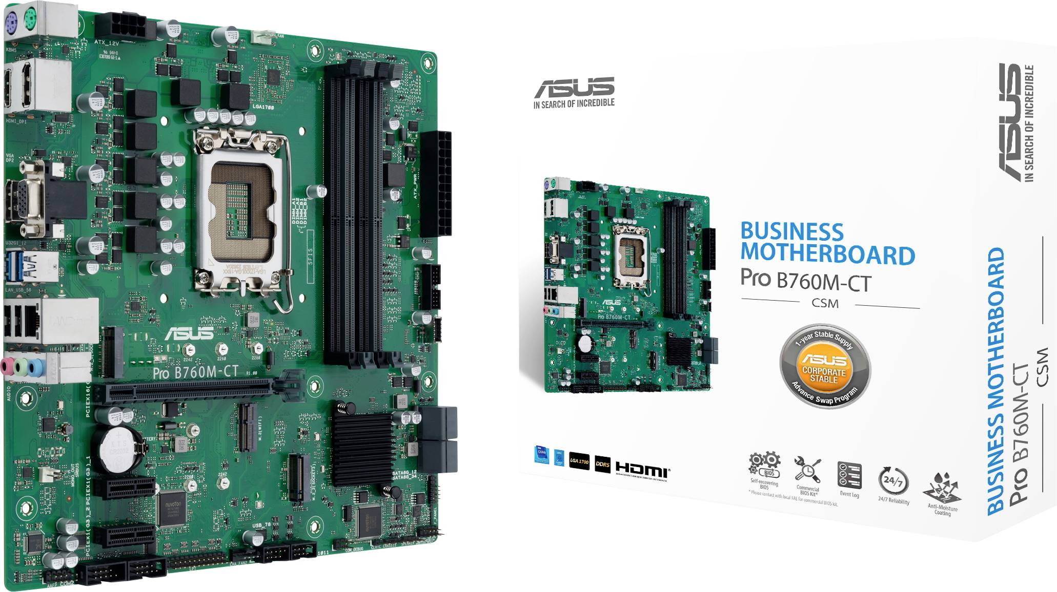 Asus PRO B760M-CT-CSM LGA1700 mATX MB Moederbord Socket Intel LGA 1700 Vormfactor Micro-ATX Moederbord chipset Intel B760