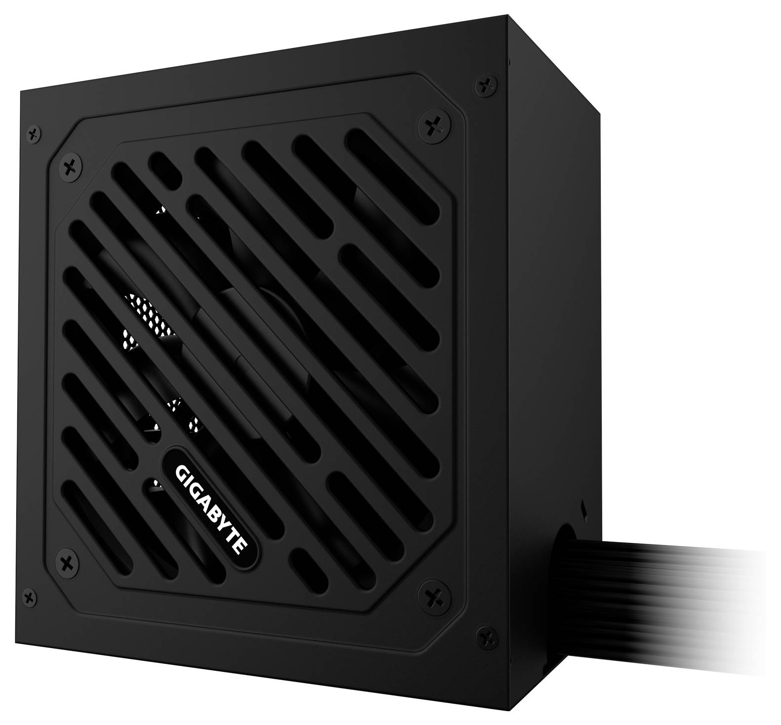 Napajačka jedinica marke 'Gigabyte' s ventilatorom i vidljivim dizajnom ventilacije, crnom kućištem i priloženim kablovima za napajanje.