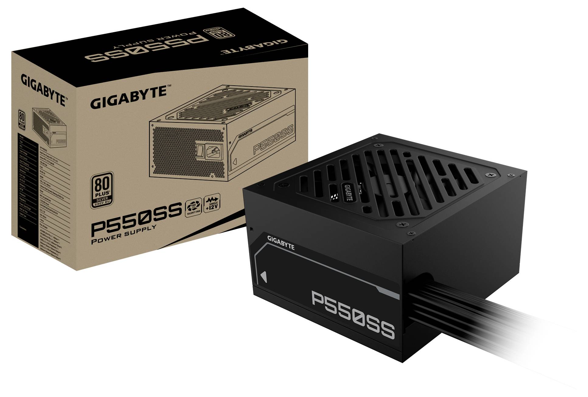 'GIGABYTE P550B napajanje' jedinica i kutija s naljepnicom '80 Plus Bronze', prikazujući dizajn proizvoda i branding.