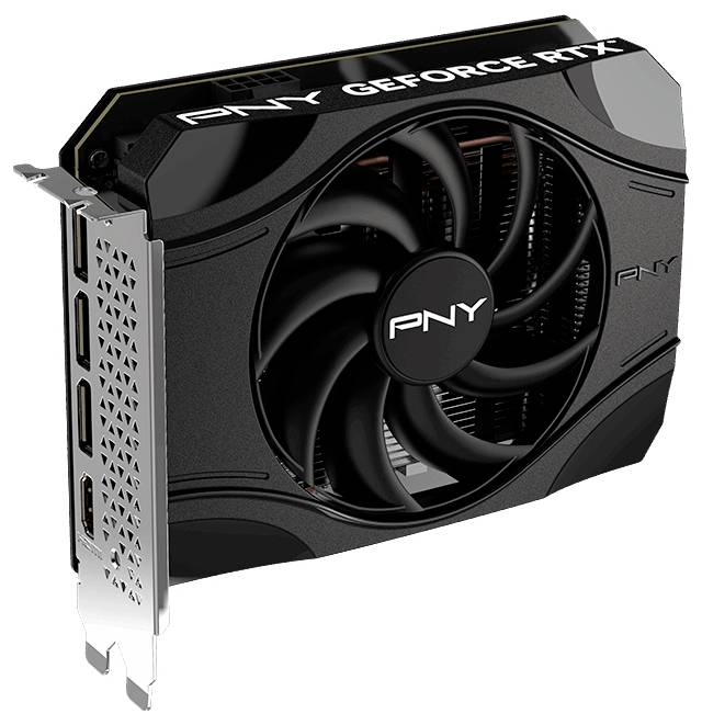 Grafička kartica PNY GeForce RTX s velikim hladnjačkim ventilatorom i više izlaznih priključaka, dizajnirana za naprednu igru i rendering.
