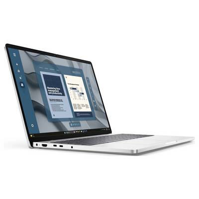 Sveučan, tamno sivi prijenosni računal djelomično otvoren, nagnut da prikaže bočne priključke, uključujući USB i HDMI, te logo marke na poklopcu.