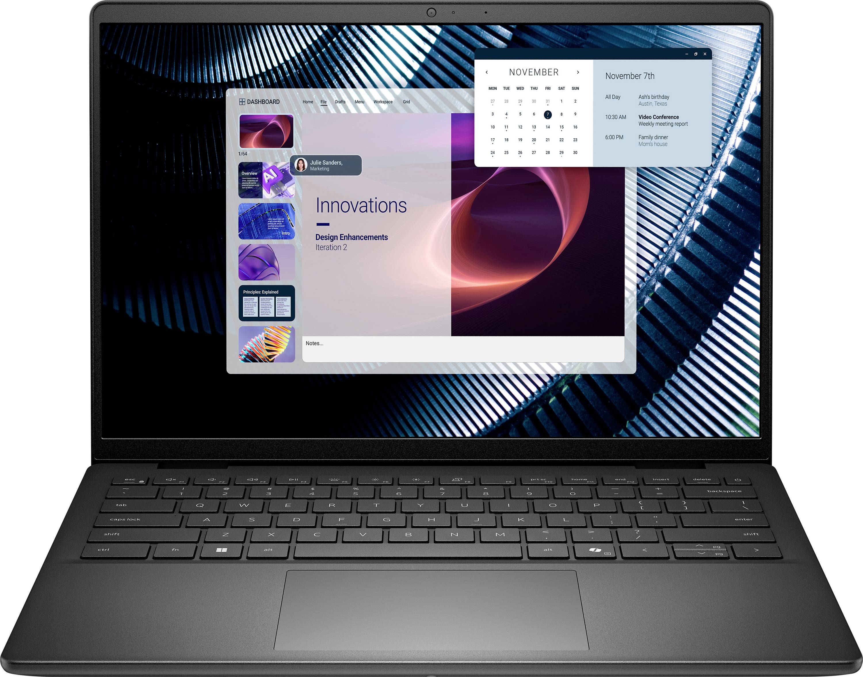Crni laptop na kojem se prikazuje dijaslajd prezentacije s naslovom 'Inovacije' s otvorenim kalendarom za studeni 2023. na zaslonu.