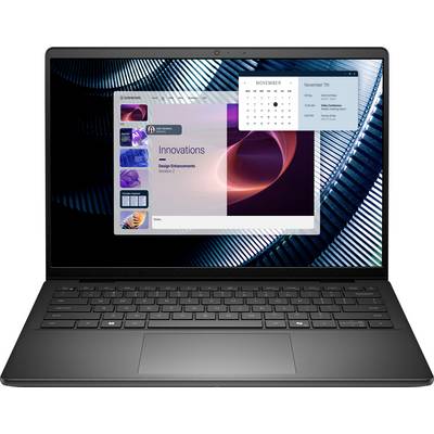 Crni laptop na kojem se prikazuje dijaslajd prezentacije s naslovom 'Inovacije' s otvorenim kalendarom za studeni 2023. na zaslonu.