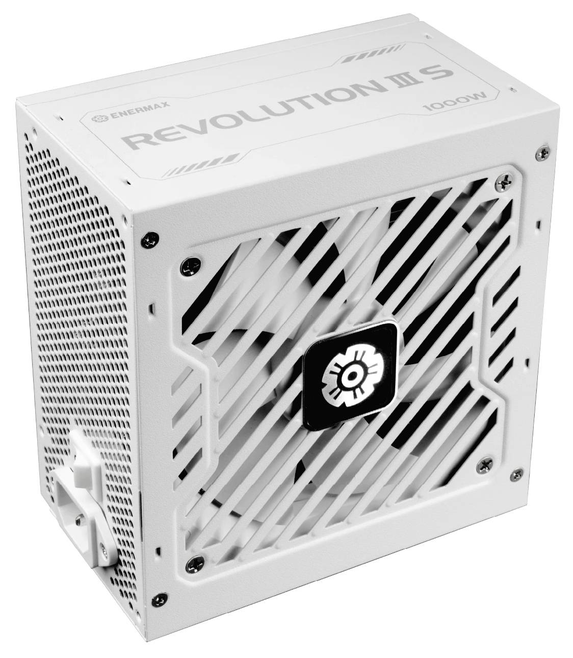 Bijela Enermax 'Revolution III S' 1000W računalna jedinica za napajanje prikazana pod kutom.