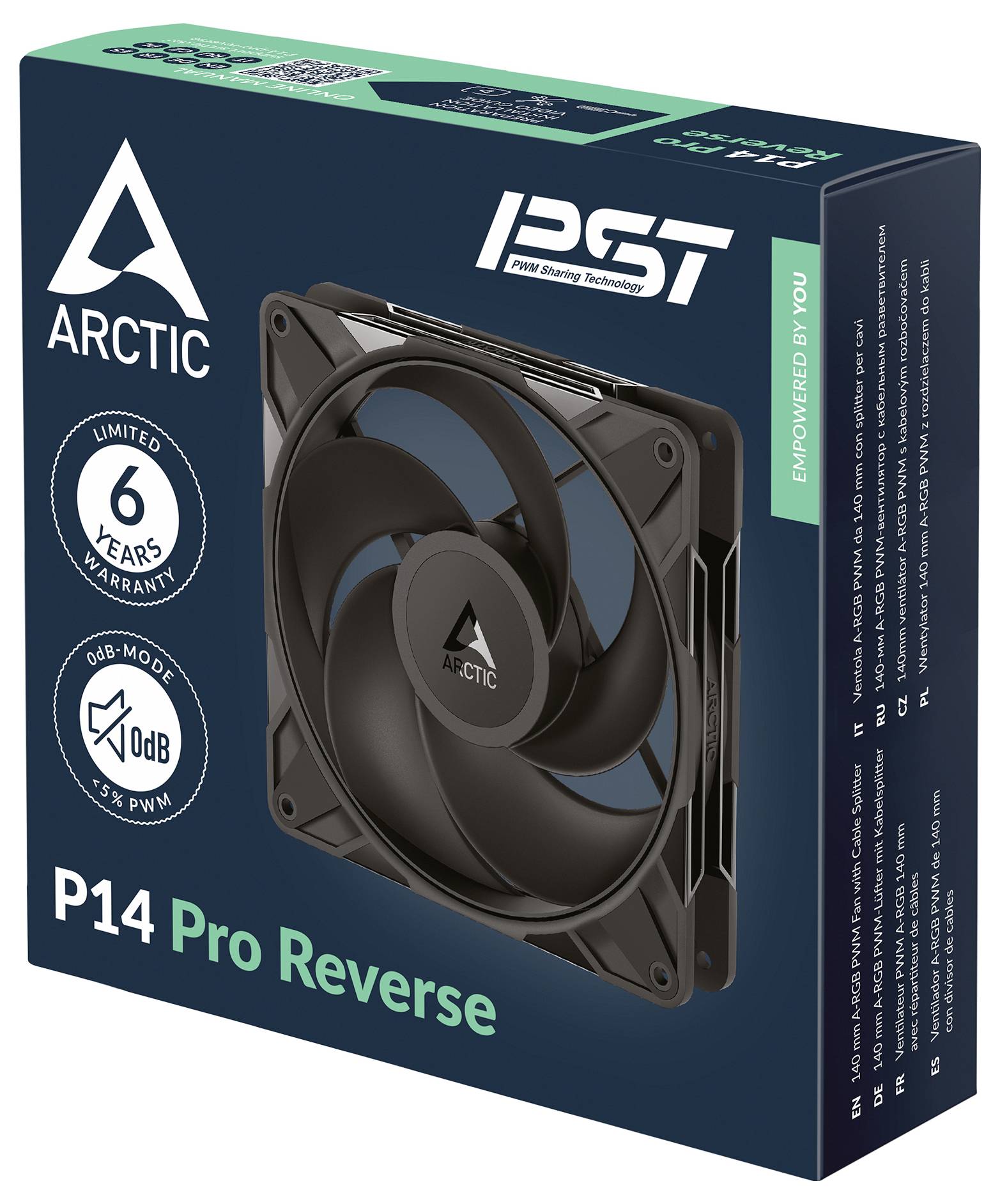 Paket 'ARCTIC P14 Pro Reverse' prikazuje crni ventilator za hlađenje sa 6-godišnjom garancijom, podržan PST tehnologijom i 0dB modom za učinkovito hlađenje.