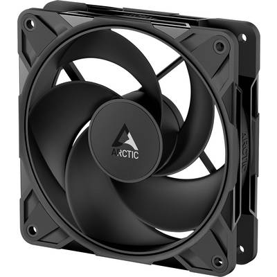 Crni računalni ventilator s logom 'Arctic'; karakterizira ga veće lopatice za hlađenje unutar računala; fokus na dizajn i učinkovitost ventilacije.