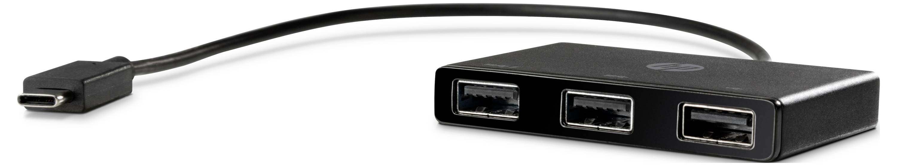 Crni USB-C hub s priloženimkabelom, koji ima dva USB priključka i jedan HDMI priključak za povezivanje uređaja.