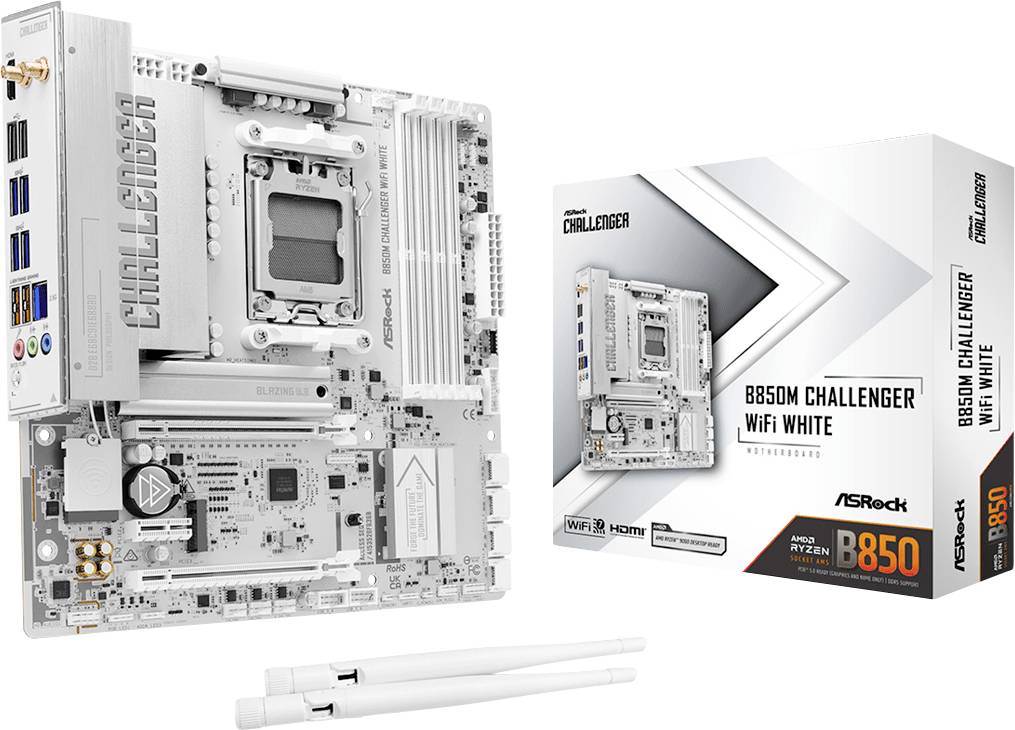 Slika proizvoda ASRock B850M Challenger WiFi White matične ploče s njezinom kutijom za maloprodaju i dvije bijele Wi-Fi antene