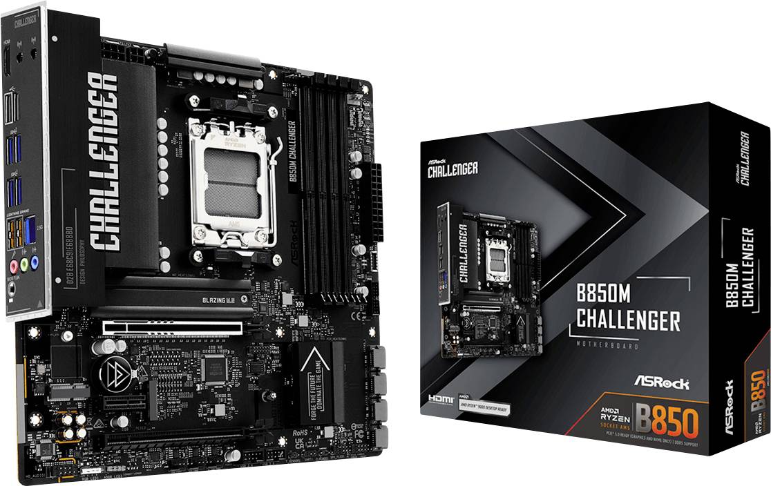 ASRock B850M Challenger matična ploča prikazana pored svoje kutije proizvoda, ističući crnu mikro-ATX ploču i priključak za procesor.
