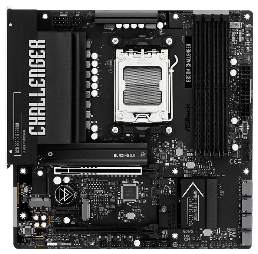 ASRock B650M Challenger matična ploča s PCIe utorima, utorima za RAM i različitim konektorima, pogodno za AMD procesore i gaming konfiguracije.