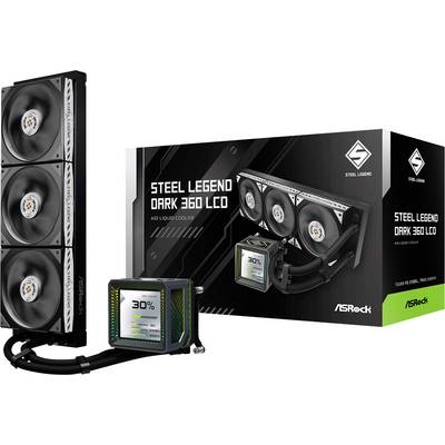 ASRock Steel Legend Dark 360 LCD tekućinski CPU hladnjak sa tri ventilatora, RGB prikaz pumpe koji pokazuje 30%, i maloprodajna kutija za pakovanje.