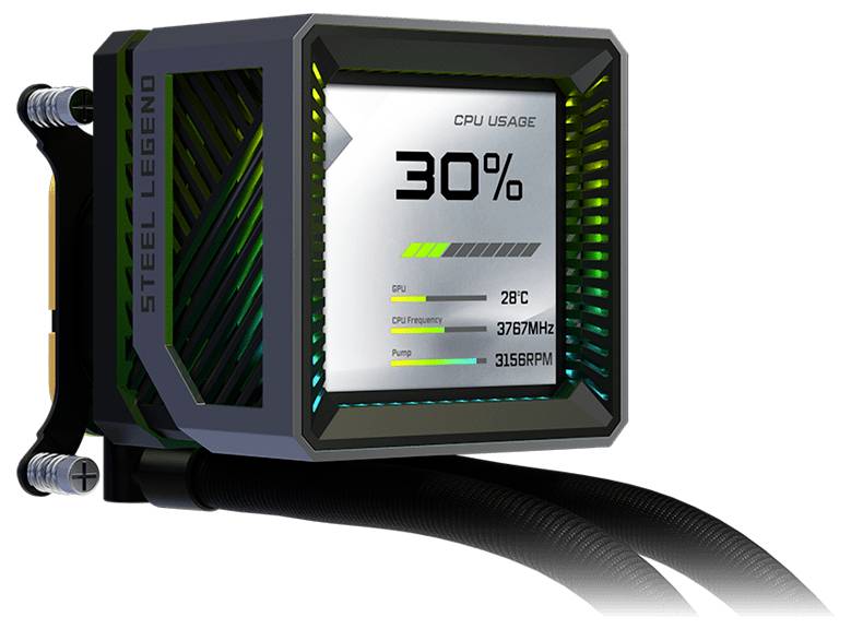 Displej tekućeg CPU hladnjaka za pumpu prikazuje 'KORIŠTENJE CPU-A 30%' s temperaturom od 28°C, brzinom ventilatora 3767MHz i brzinom pumpe 3156RPM.
