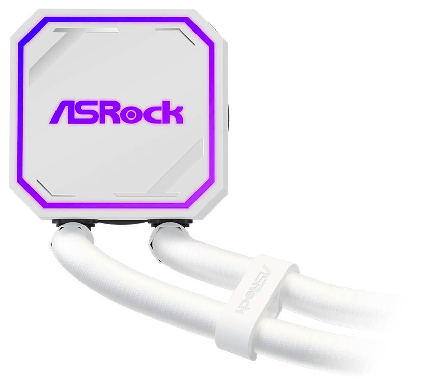 ASRock tekući hladnjak procesorskog bloka pumpe s RGB logotipom i bijelim pletenim cijevima na bijeloj pozadini.