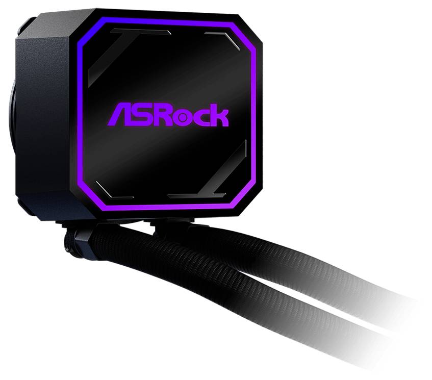 ASRock tekućinski CPU hladnjak pumpe s RGB-osvijetljenim kvadratnim blokom i dvije crne pletenice cijevi na bijeloj pozadini