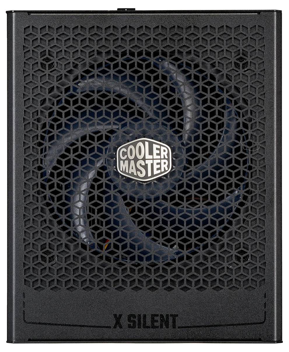 Crni Cooler Master X Silent računalni napajač s heksagonalnom rešetkom i vidljivim logotipom rashladnog ventilatora.
