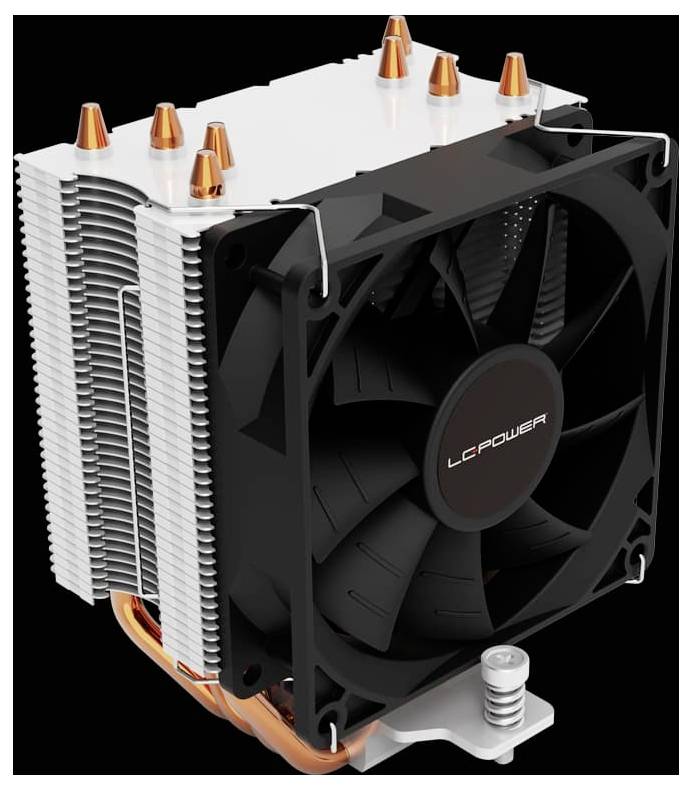 Detaljni snimak računalnog CPU hladjenja sa bakrenim toplinskim cijevima i naslaganim aluminijskim rebrima na crnoj pozadini.