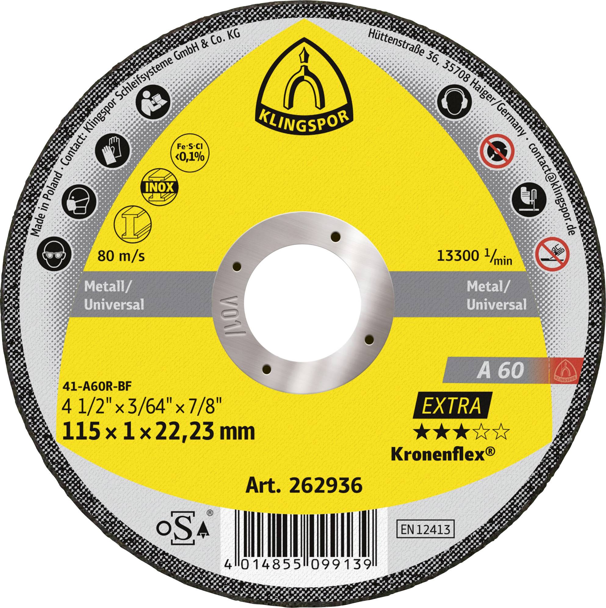 Klingspor A 60 Extra 262936 Doorslijpschijf recht 115 mm 25 stuk(s) RVS