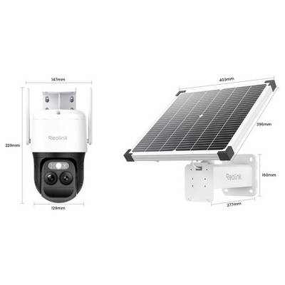 'Nadzorna kamera i solarni panel tvrtke Reolink. Kamera mjeri 229 mm x 129 mm x 147 mm; solarni panel 396 mm x 403 mm.'