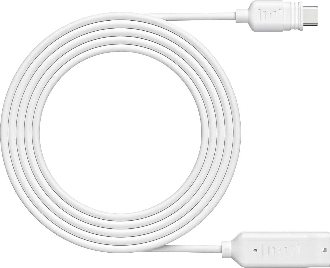 Umotani bijeli kabel USB-C s vidljivim priključcima na oba kraja, pozicioniran na običnoj pozadini.