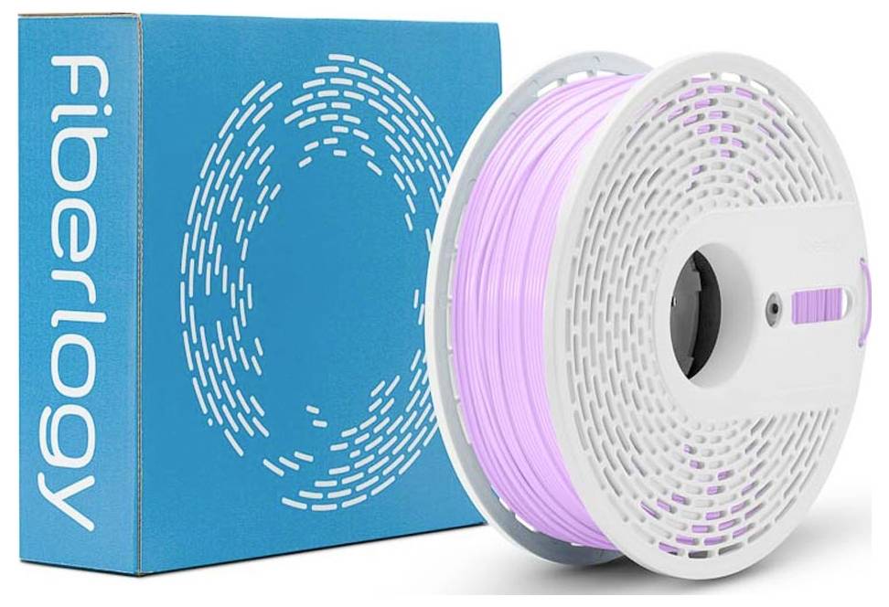 Kutija Fiberlogy filamenta pored kolutića svetloljubičastog fillamenta za 3D tisač.