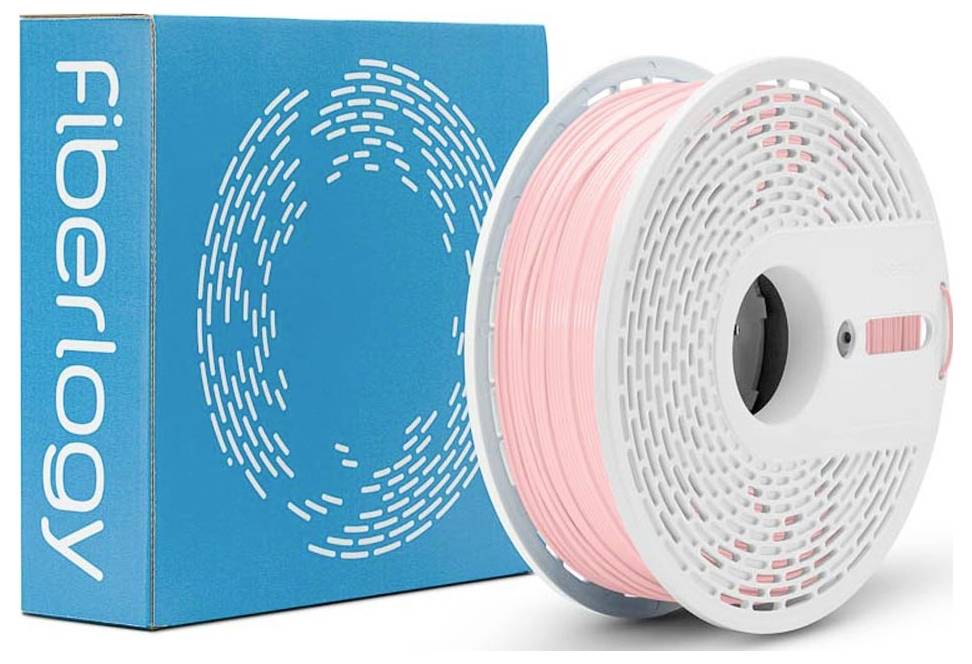 Kutija filamenta za 3D ispis marke Fiberlogy pored kalema ružičastog filamenta na bijeloj pozadini.