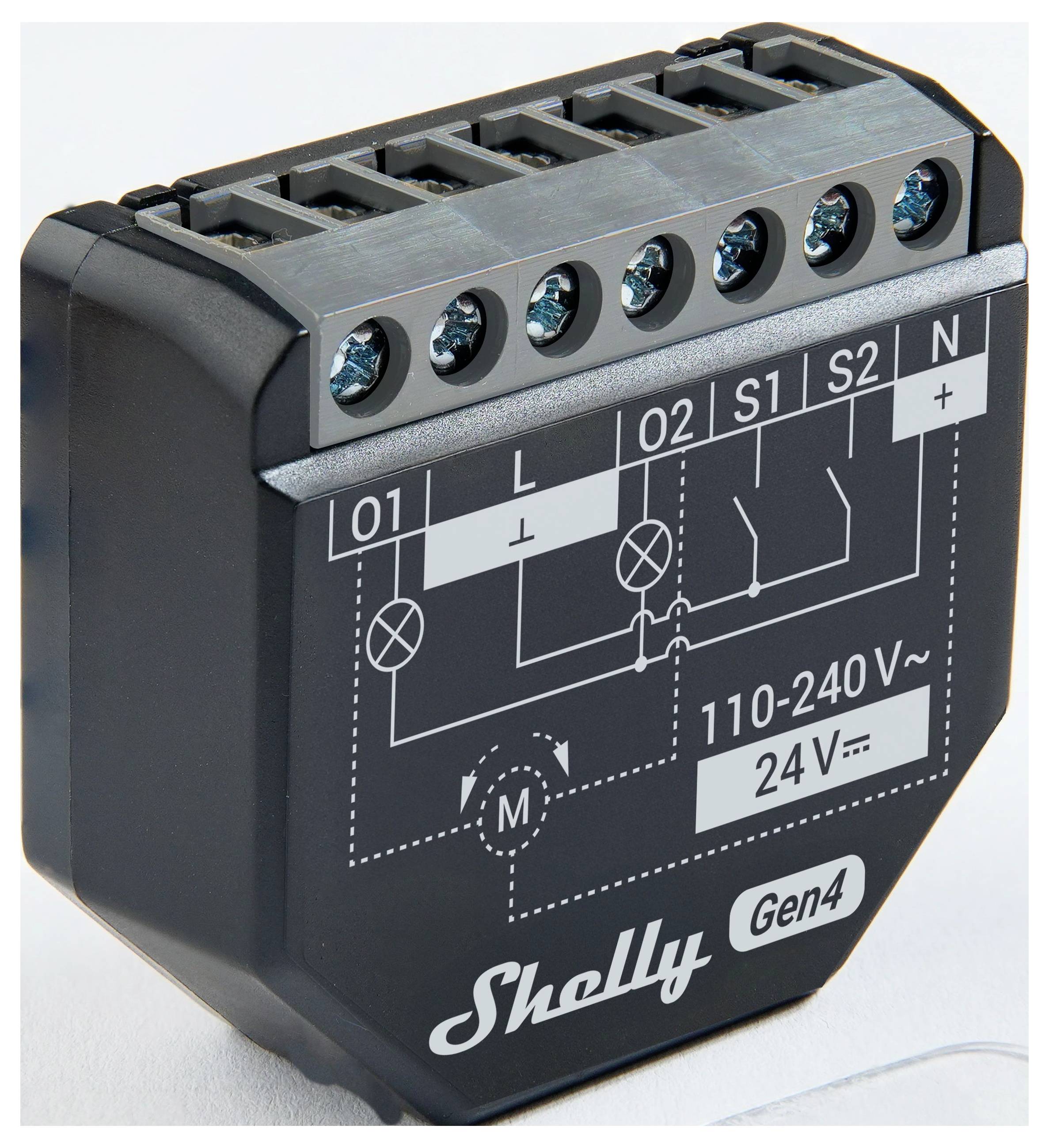 Snimak iz blizine Shelly Gen4 automacijskog uređaja koji pokazuje priključne stezaljke označene s L, O1, O2, S1, S2, sa specifikacijama napona 110-240V, 24V.