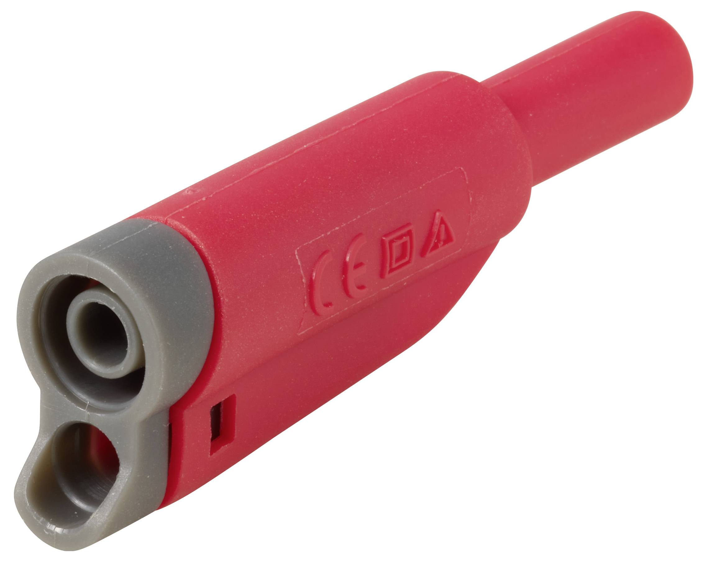 Crveni električni testni konektor s dva okrugla ženskog utičnica i crvenim izoliranim tijelom na bijeloj pozadini.