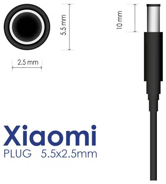 'Xiaomi utikač s dimenzijama: 5,5x2,5 mm. Kabel označen mjerenjima 5,5 mm i 10 mm, što pokazuje debljinu utikača i kabela.'