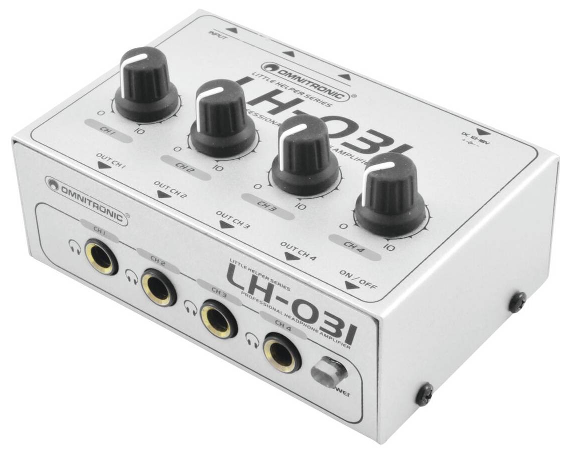 Omnitronic LH-031 pojačalo za distribuciju slušalica sa četiri regulatora jačine zvuka i priključcima, označenim ulazima/izlazima na metalnom kućištu.