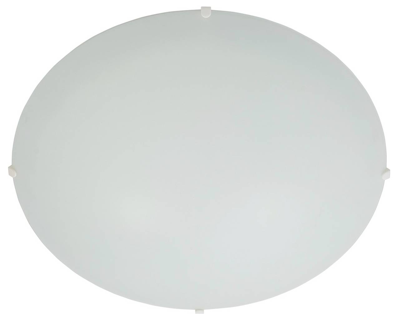 Okrugla stropna lampa od matiranog stakla s jednostavnim, гладким dizajnom i četiri metalne kopče koje je drže na mjestu.