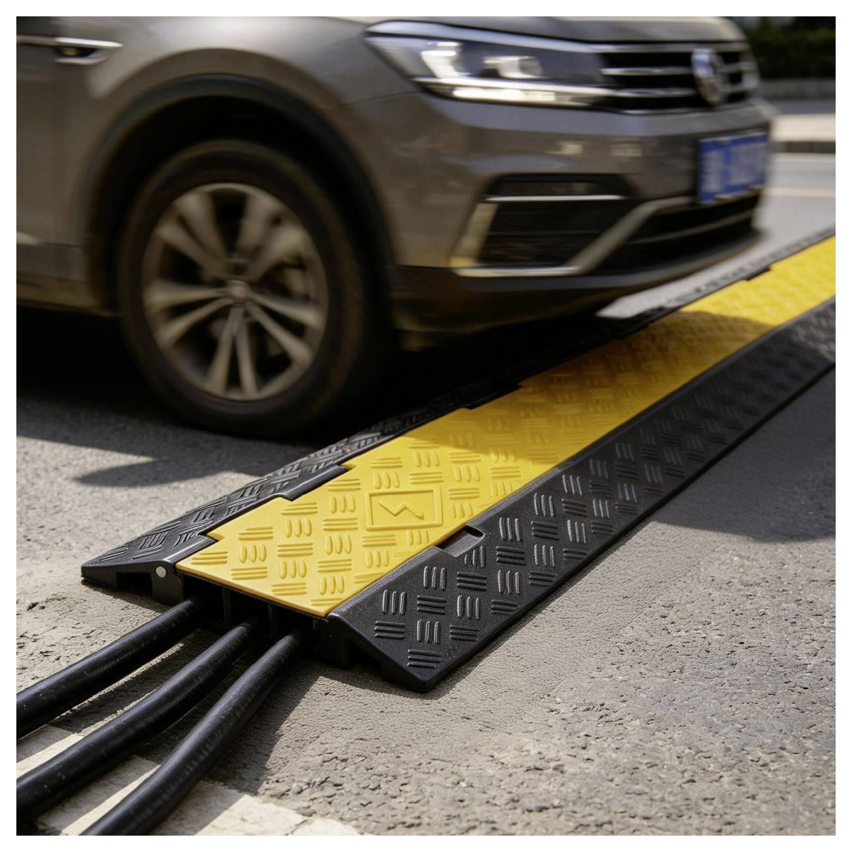 SUV koji prelazi preko žuto-crne zaštitne rampe za kablove preko ceste, pokrivajući kablove i sprječavajući oštećenja.