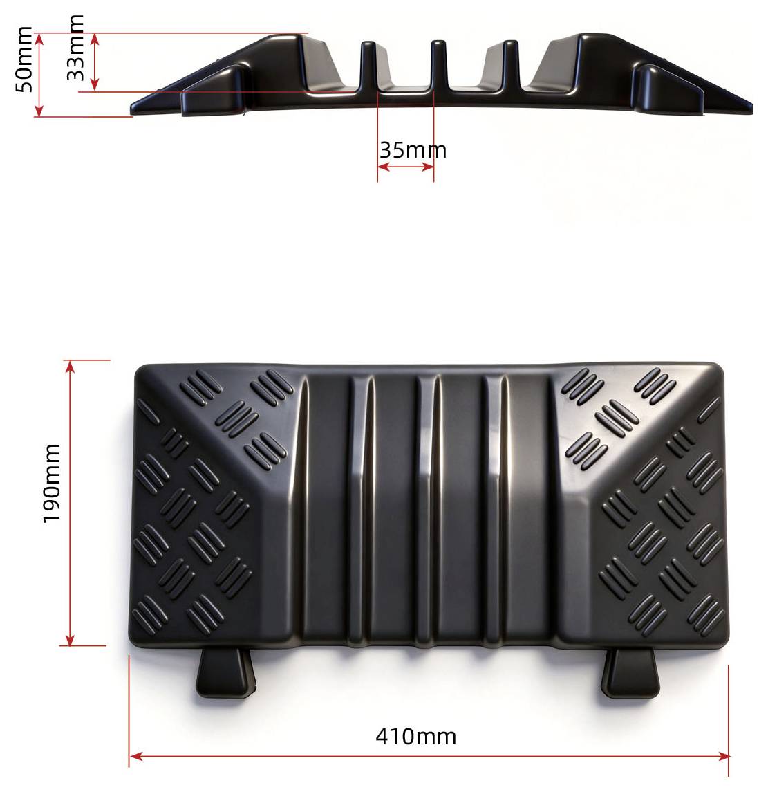 Crna pravokutna plastična rampa ili zaštitnik stepenica s uzdignutim rebrima, prikazana u bočnom i gornjem pogledu s dimenzijama 410 mm dužine, 190 mm širine, 50 mm visine i 35 mm razmaka u sredini.