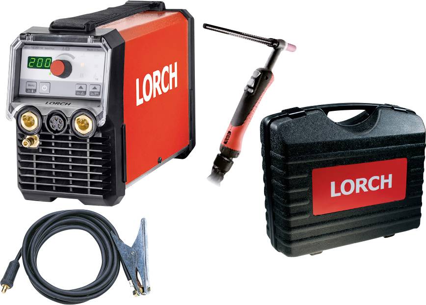 'Slika kompleta zavarivačkog stroja uključujući crveni Lorch stroj za zavarivanje, zavarivačku pištolj, kablove i prijenosnu kutiju.'