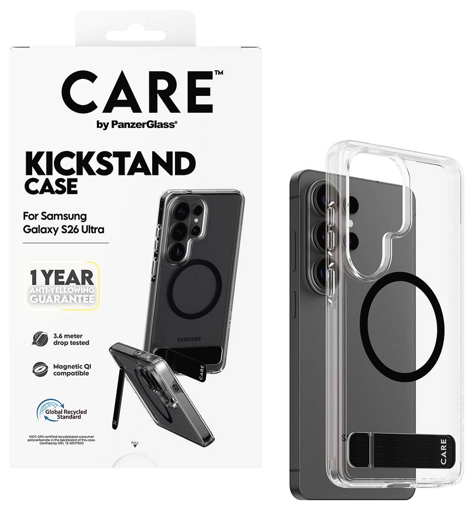 'CARE Postolje Zaštitni Etui za Samsung Galaxy S26 Ultra' pakiranje. Transparentno etui s funkcijom postolja, 1-godišnja garancija, test pada s 1,4 m.
