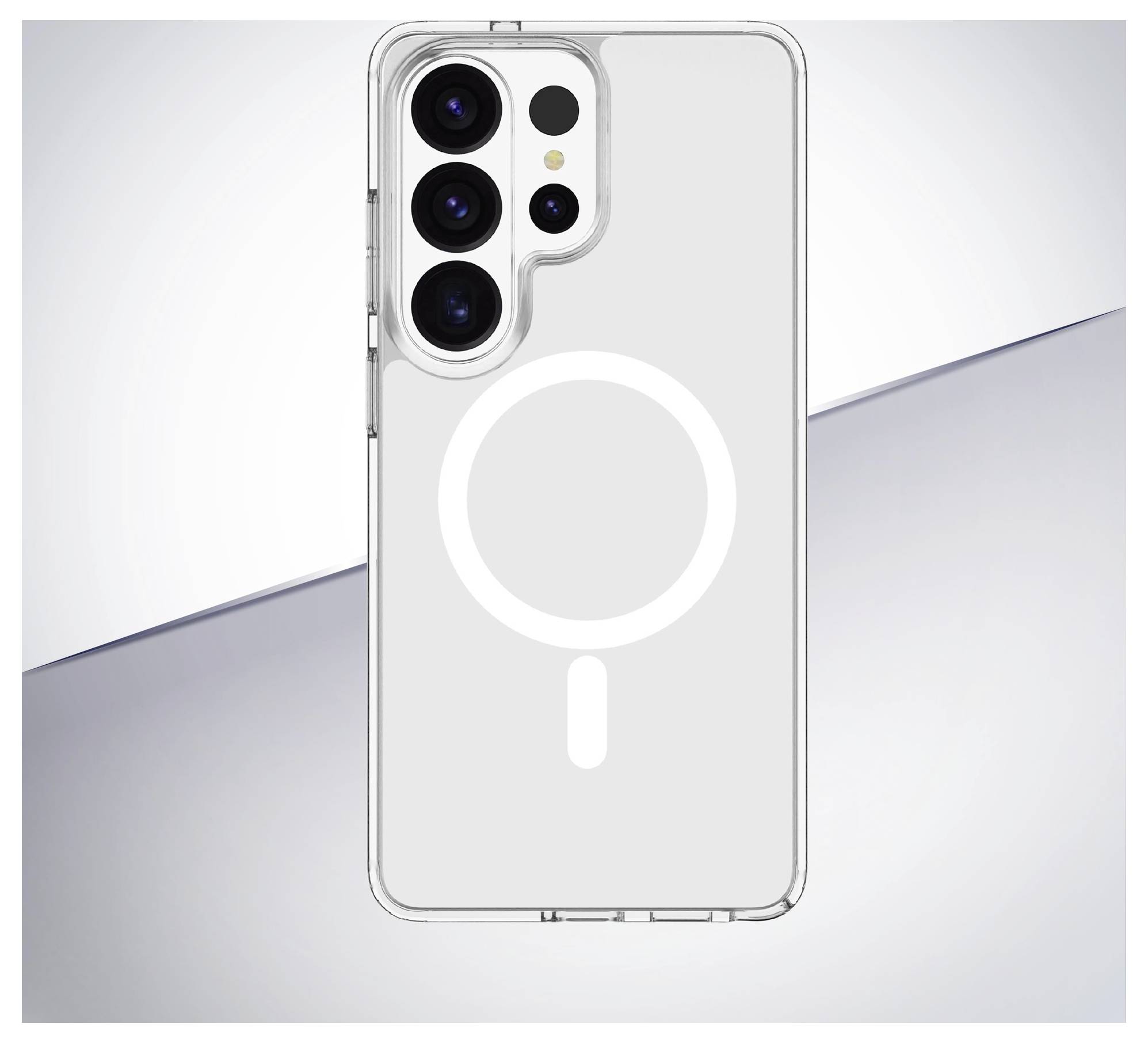 Pametni telefon s prozirnom futrolom na kojoj je velik bijeli kružni dizajn na stražnjoj strani. Na gornjem lijevom kutu vidljive su tri leće fotoaparata.