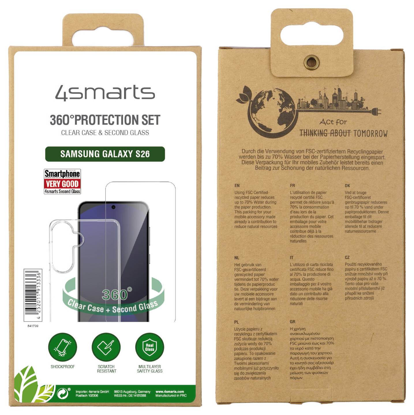 '4smarts 360° Protection Set' pakiranje sa transparentnim futrolom i zaštitnim staklom za Samsung Galaxy S26; ekološka tema sa ilustracijom gradskog horizonta.