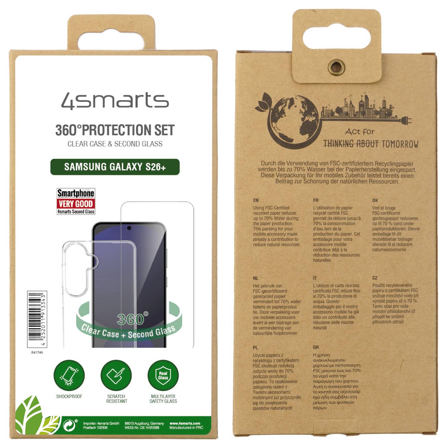 '4smarts 360° zaštitni set' pakovanje za Samsung Galaxy S26+, sa transparentnom futrolom i zaštitnim staklom. Ekološki prihvatljiv dizajn na kartonu.