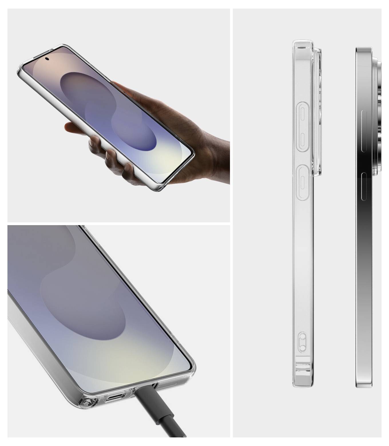Pametni telefon držan u ruci, prikazujući tanko profil s zakrivljenim rubovima. Slike detaljno prikazuju prednji zaslon, bočne gumbe i priključak za punjenje.