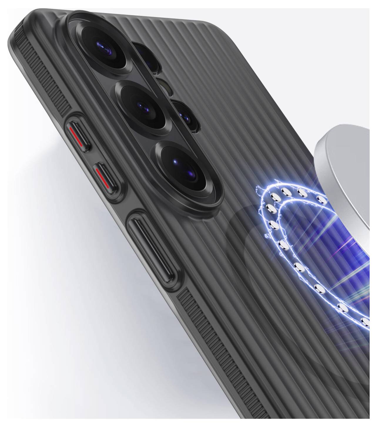 Pametni telefon s teksturiranom crnom futrolom koja na poleđini sadrži kružni niz osvjetljenih plavih svjetala blizu kamera.